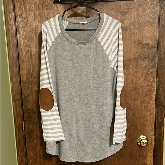 Chic Soul Tops - Chic Soul Gray and White Striped Women's Top with Elbow Patches